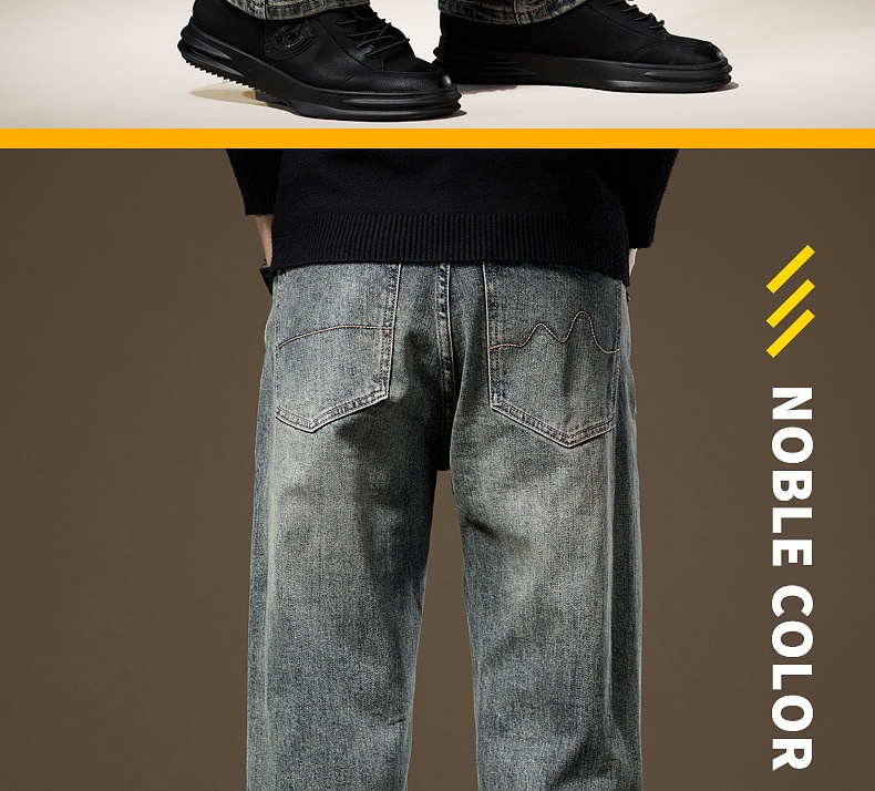 Herr vintage stentvättade jeans med fleecefoder rak passform_voghion.com