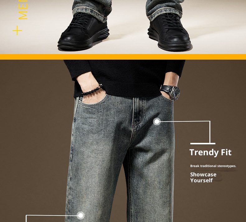 Herr vintage stentvättade jeans med fleecefoder rak passform_voghion.com