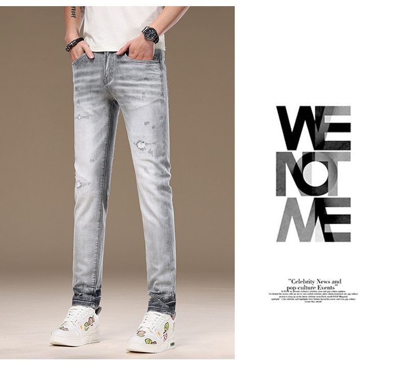 Slim-fit Light Grey Ripped Jeans For Men Stretchy Washed Denim_voghion.com