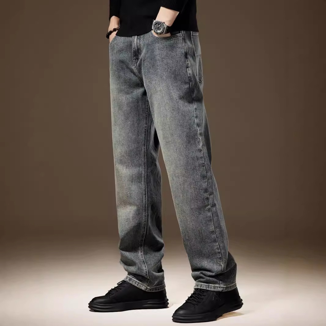 American Retro Stone-washed Vintage Jeans Men, Autumn And Winter, Fleece-lined, Loose Straight-leg, Wide-leg Casual Long_voghion.com