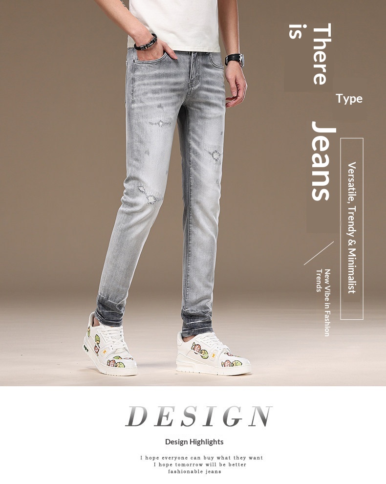 Slim-fit Light Grey Ripped Jeans For Men Stretchy Washed Denim_voghion.com