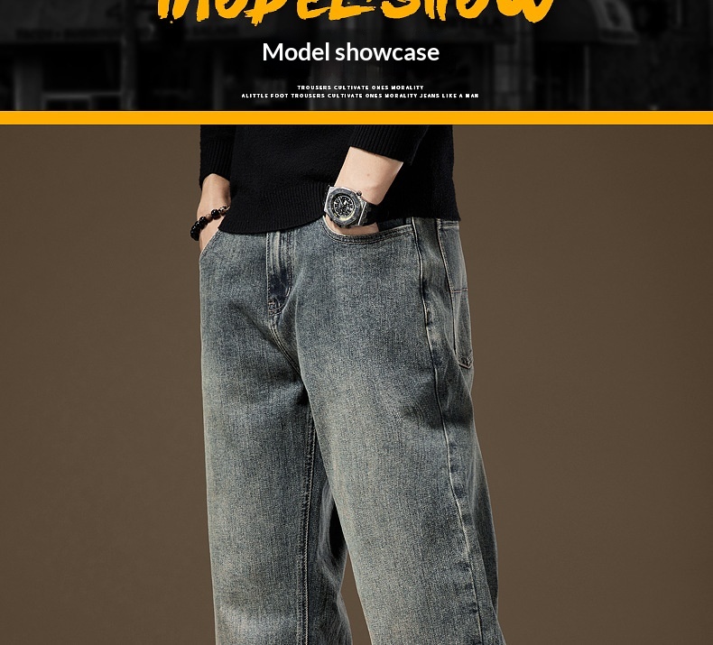 Herr vintage stentvättade jeans med fleecefoder rak passform_voghion.com