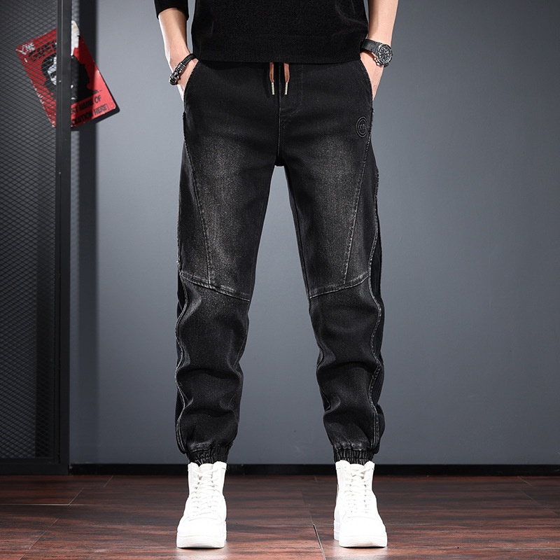 Trendy Brand Patchwork Jeans Men, Autumn And Winter Cuffed Jogger Harem Pants, Vintage Slim Fit, Cool French Workwear_voghion.com