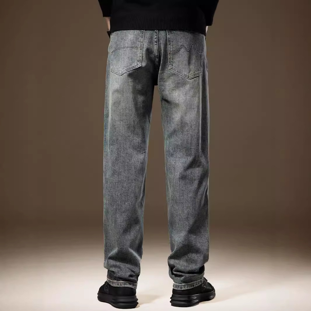 American Retro Stone-washed Vintage Jeans Men, Autumn And Winter, Fleece-lined, Loose Straight-leg, Wide-leg Casual Long_voghion.com