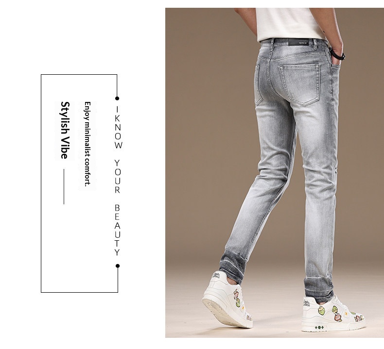Slim-fit Light Grey Ripped Jeans For Men Stretchy Washed Denim_voghion.com
