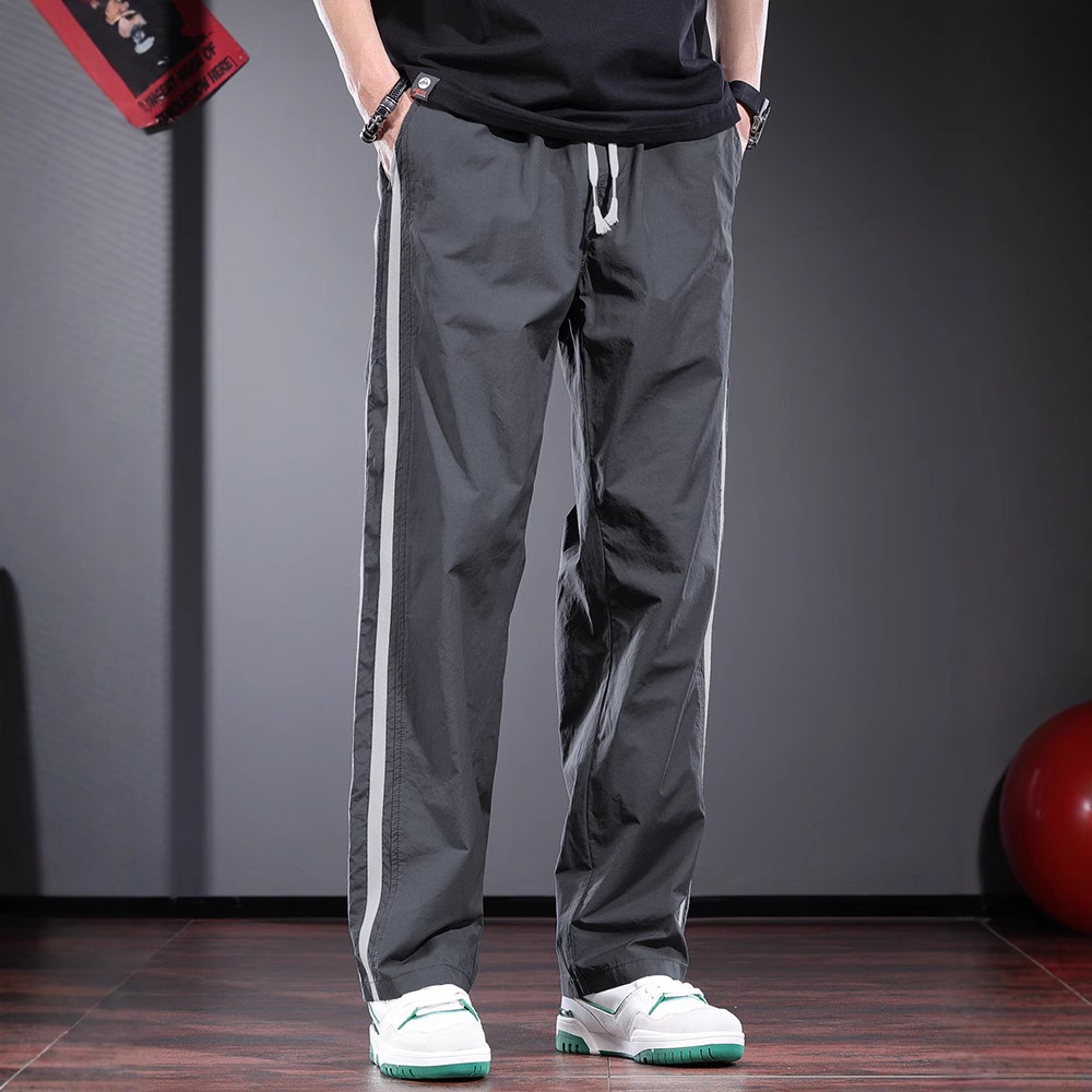 Men's Gray Casual Summer Thin Loose Straight Pants, 2026 New Striped High Street Trendy Drawstring Long Pants_voghion.com
