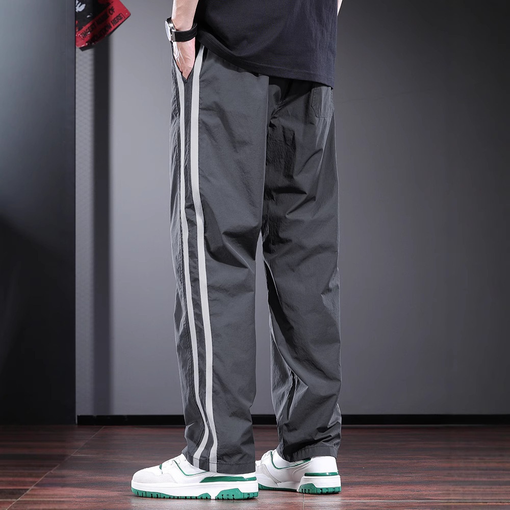 Men's Gray Casual Summer Thin Loose Straight Pants, 2026 New Striped High Street Trendy Drawstring Long Pants_voghion.com
