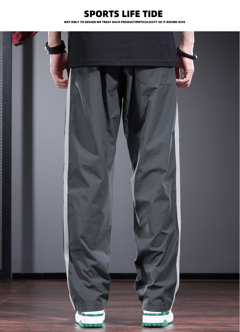 Men's Casual Pants Striped Drawstring Straight Trousers Grey_voghion.com