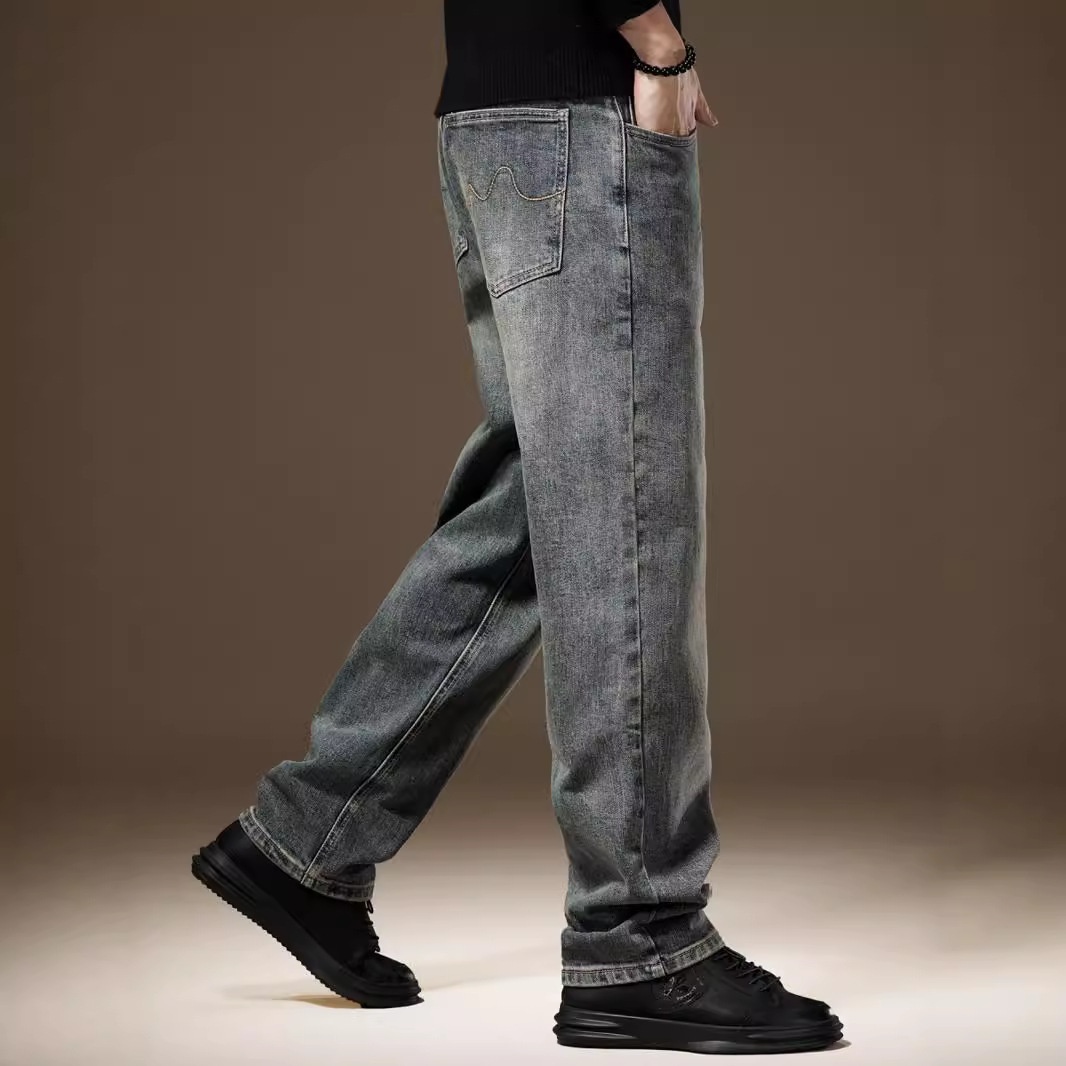 American Retro Stone-washed Vintage Jeans Men, Autumn And Winter, Fleece-lined, Loose Straight-leg, Wide-leg Casual Long_voghion.com
