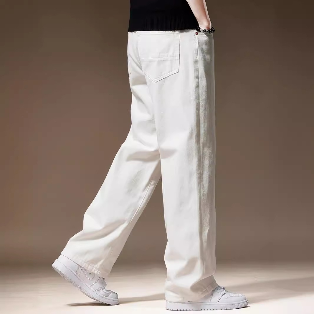 Jeans da uomo in puro cotone bianco, a gamba larga e taglio dritto, nuova collezione autunnale, pantaloni casual semplici e versatili di Clanfit._voghion.com