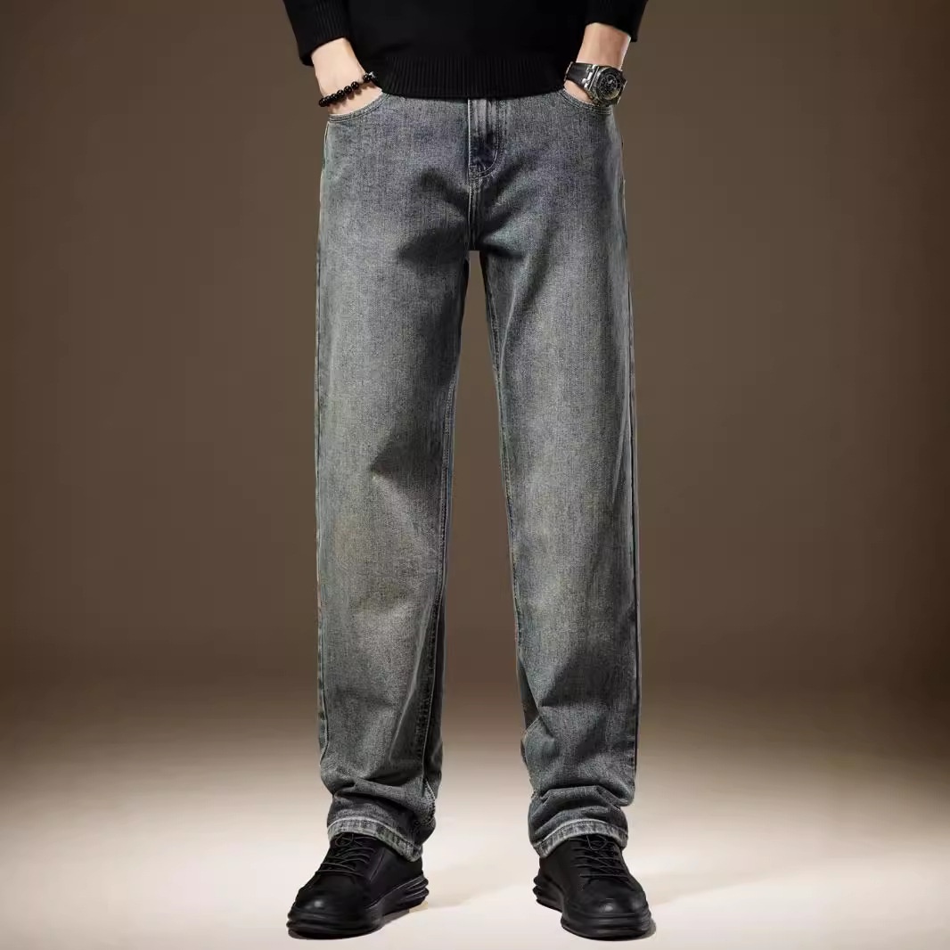 American Retro Stone-washed Vintage Jeans Men, Autumn And Winter, Fleece-lined, Loose Straight-leg, Wide-leg Casual Long_voghion.com