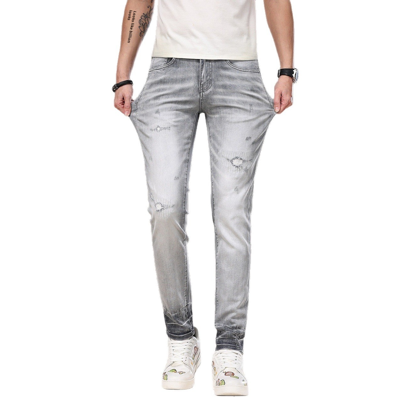 Slim-fit Light Gray Ripped Jeans For Men, 2026 Spring/summer New Style, Stretchy Skinny Washed High-end Long Pants_voghion.com