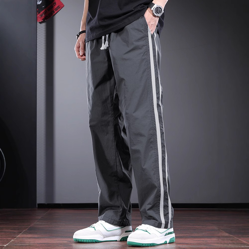 Men's Gray Casual Summer Thin Loose Straight Pants, 2026 New Striped High Street Trendy Drawstring Long Pants_voghion.com