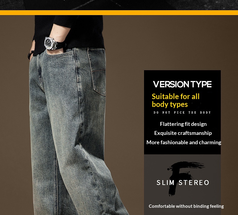 Herr vintage stentvättade jeans med fleecefoder rak passform_voghion.com