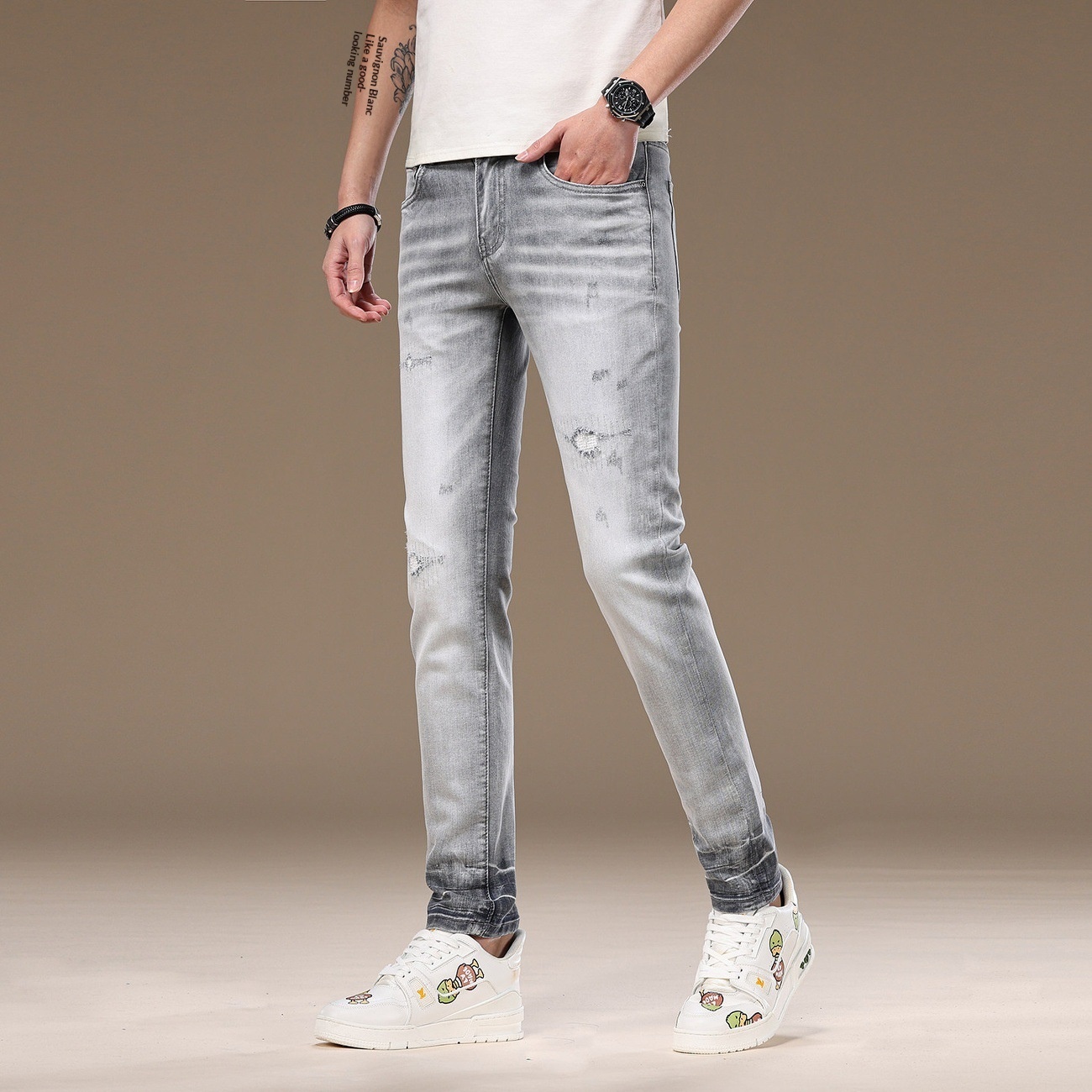 Slim-fit Light Gray Ripped Jeans For Men, 2026 Spring/summer New Style, Stretchy Skinny Washed High-end Long Pants_voghion.com