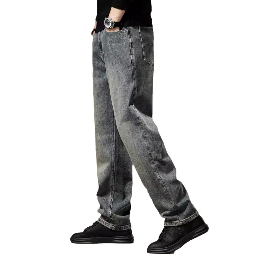 American Retro Stone-washed Vintage Jeans Men, Autumn And Winter, Fleece-lined, Loose Straight-leg, Wide-leg Casual Long_voghion.com