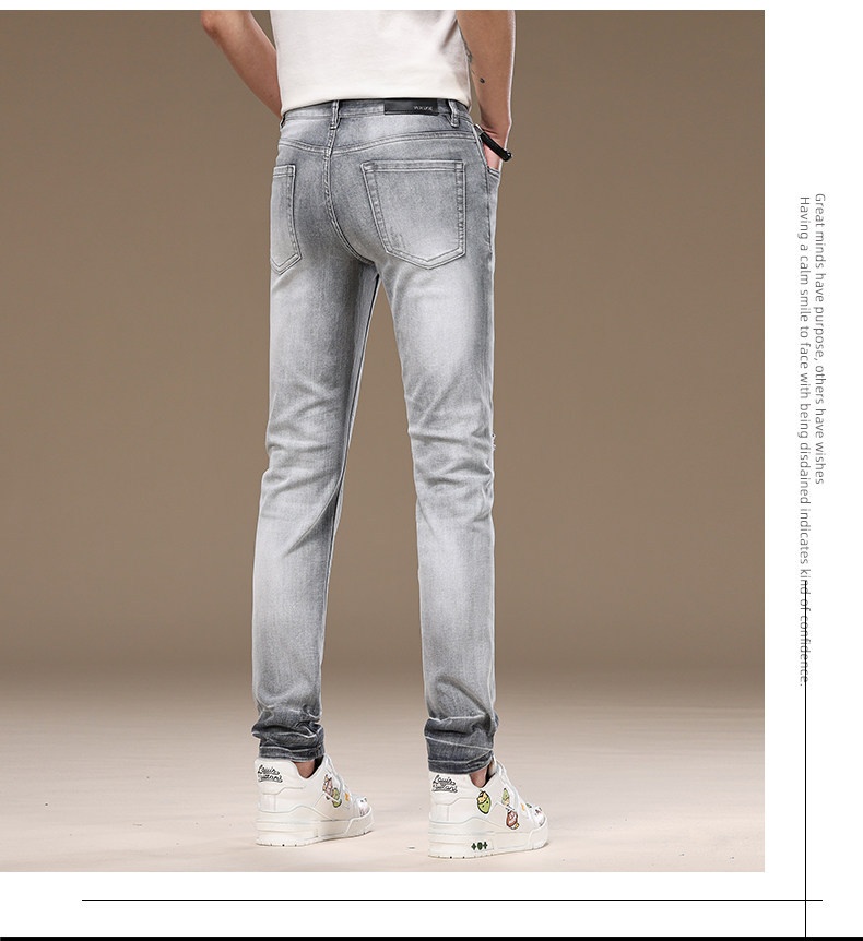 Slim-fit Light Grey Ripped Jeans For Men Stretchy Washed Denim_voghion.com