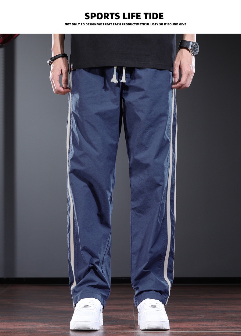 Men's Casual Pants Striped Drawstring Straight Trousers Grey_voghion.com