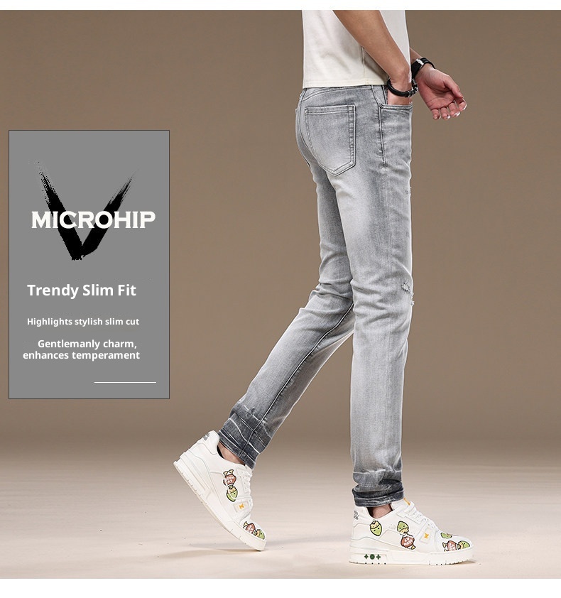 Slim-fit Light Grey Ripped Jeans For Men Stretchy Washed Denim_voghion.com