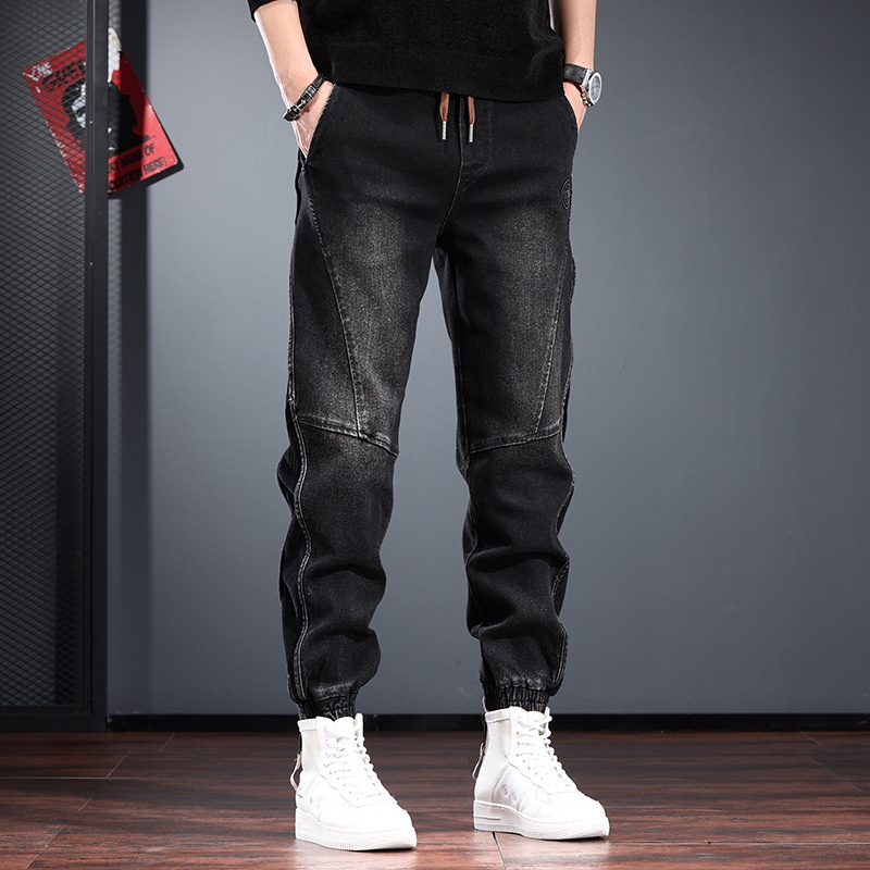 Trendy Brand Patchwork Jeans Men, Autumn And Winter Cuffed Jogger Harem Pants, Vintage Slim Fit, Cool French Workwear_voghion.com