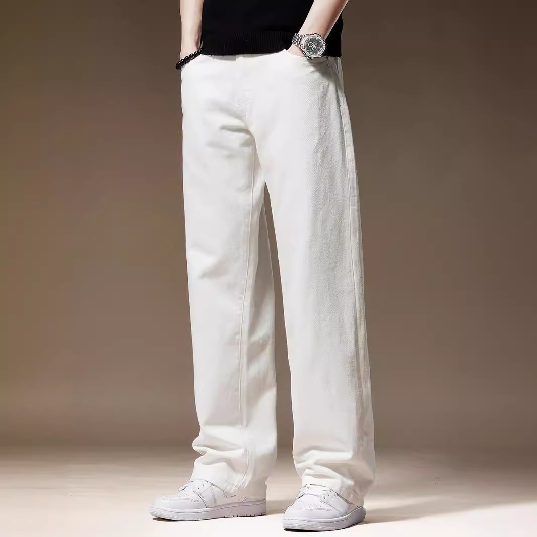 Jeans da uomo in puro cotone bianco, a gamba larga e taglio dritto, nuova collezione autunnale, pantaloni casual semplici e versatili di Clanfit._voghion.com