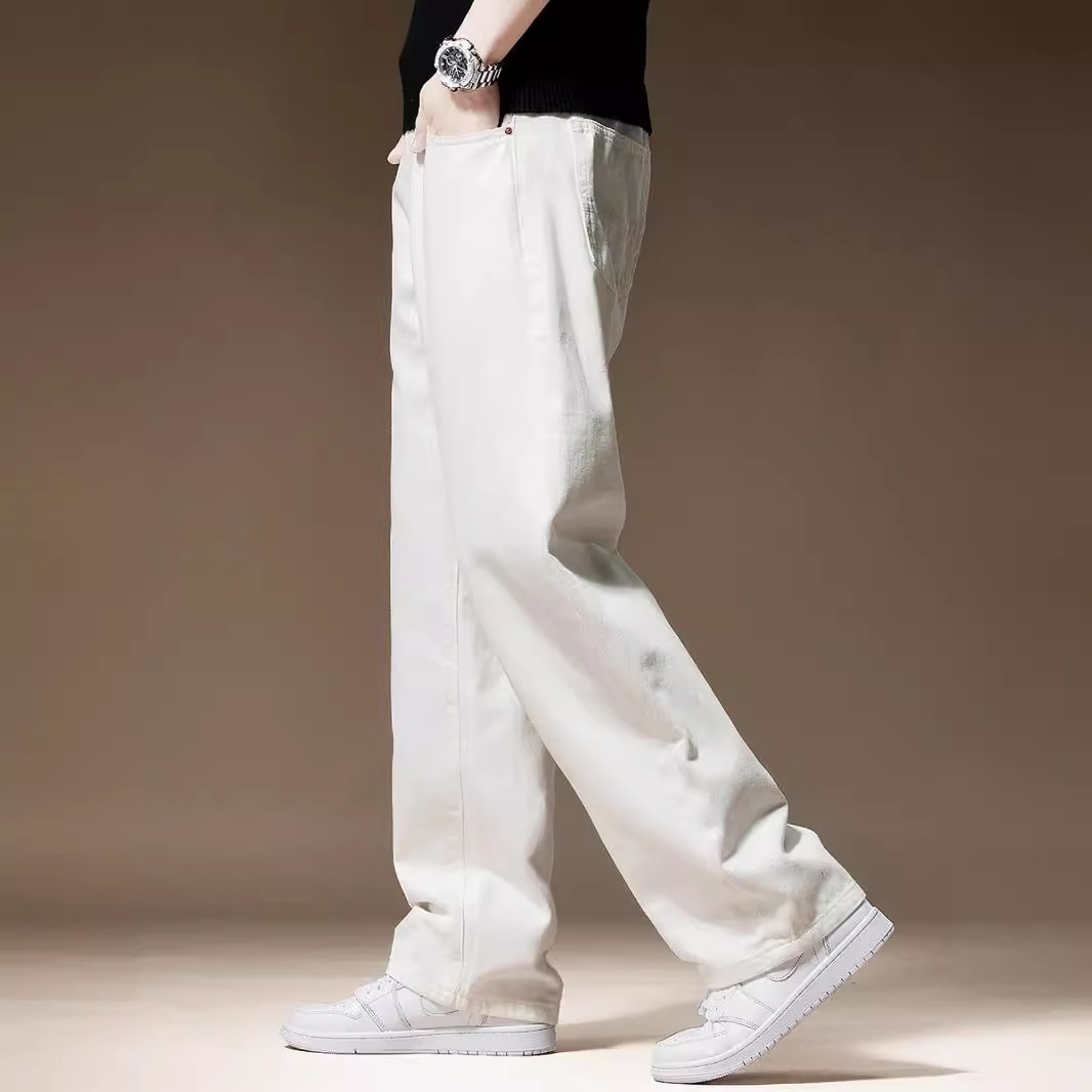 Jeans da uomo in puro cotone bianco, a gamba larga e taglio dritto, nuova collezione autunnale, pantaloni casual semplici e versatili di Clanfit._voghion.com