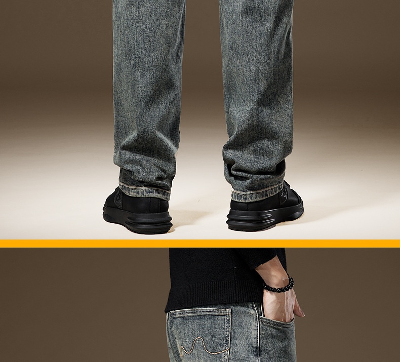 Herr vintage stentvättade jeans med fleecefoder rak passform_voghion.com