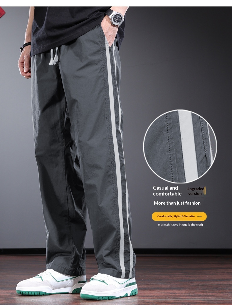 Men's Casual Pants Striped Drawstring Straight Trousers Grey_voghion.com