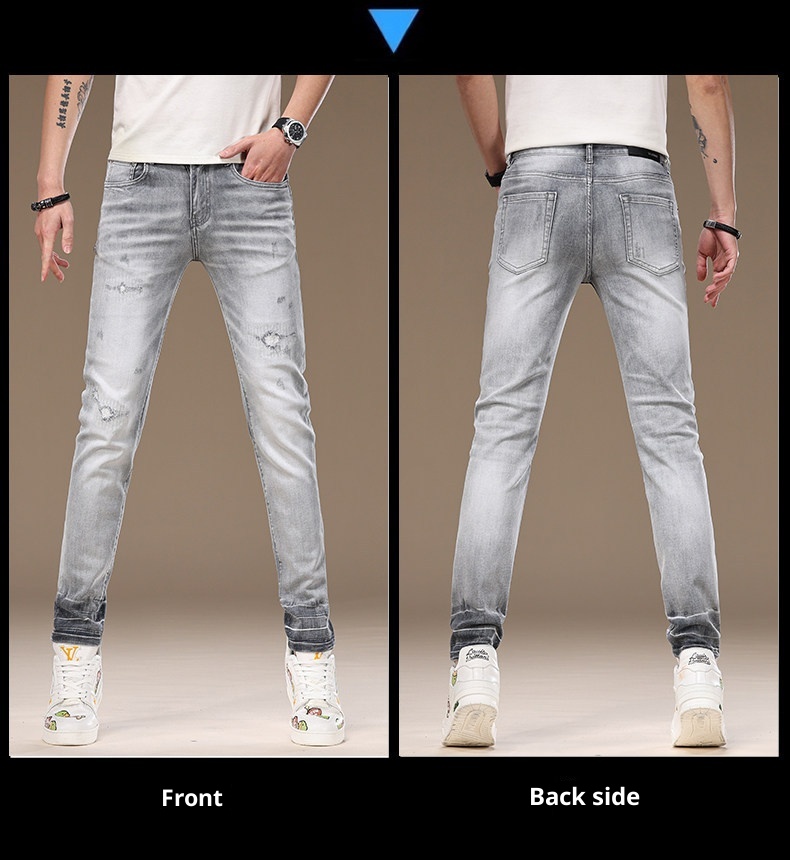 Slim-fit Light Grey Ripped Jeans For Men Stretchy Washed Denim_voghion.com