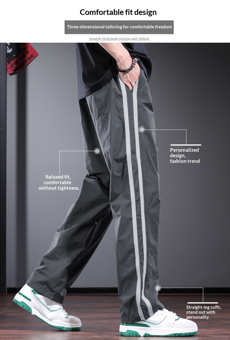 Men's Casual Pants Striped Drawstring Straight Trousers Grey_voghion.com