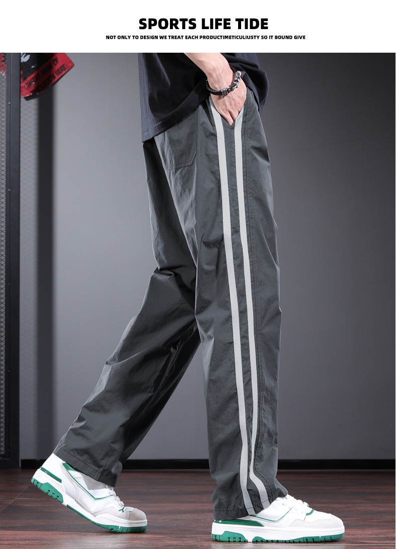 Men's Casual Pants Striped Drawstring Straight Trousers Grey_voghion.com