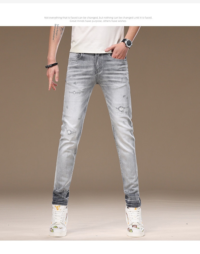 Slim-fit Light Grey Ripped Jeans For Men Stretchy Washed Denim_voghion.com