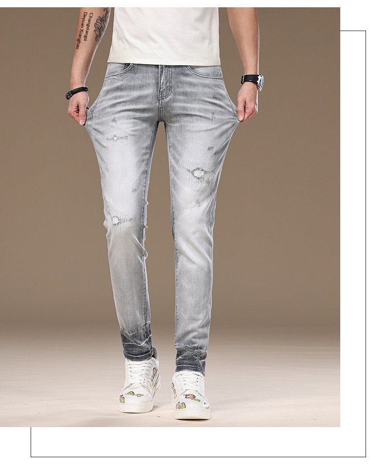 Slim-fit Light Grey Ripped Jeans For Men Stretchy Washed Denim_voghion.com