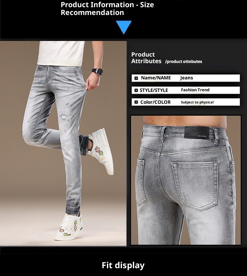 Slim-fit Light Grey Ripped Jeans For Men Stretchy Washed Denim_voghion.com