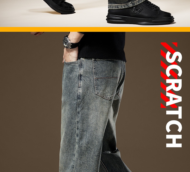 Herr vintage stentvättade jeans med fleecefoder rak passform_voghion.com