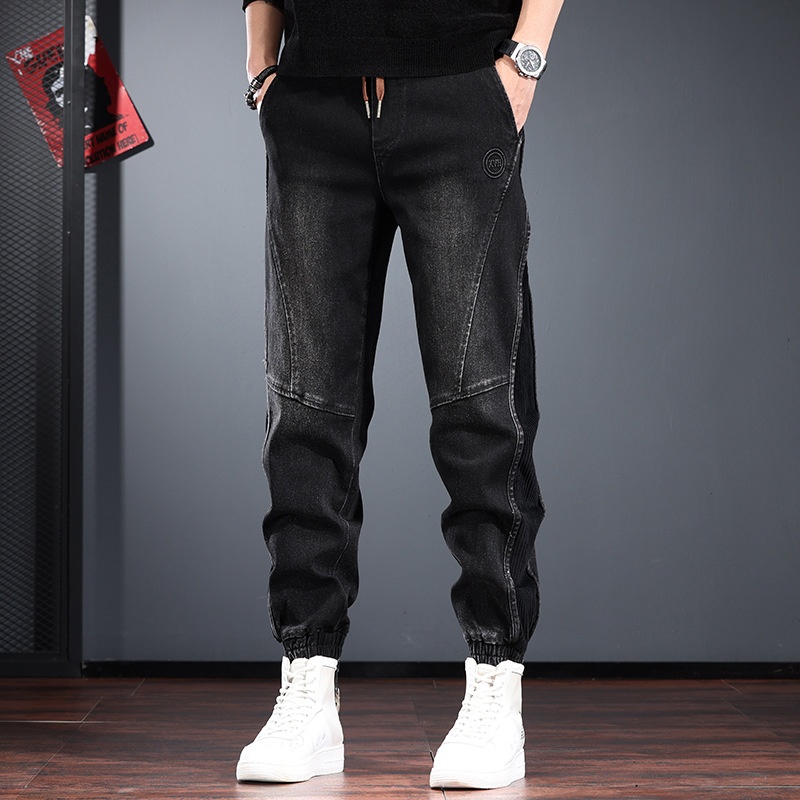 Trendy Brand Patchwork Jeans Men, Autumn And Winter Cuffed Jogger Harem Pants, Vintage Slim Fit, Cool French Workwear_voghion.com