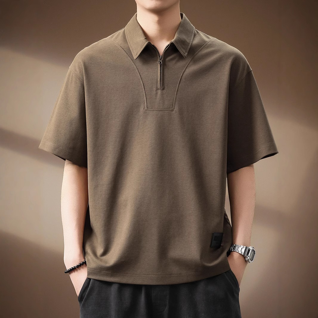 Polo homme haut de gamme en lyocell, manches courtes, demi-zip, collection été 2025, coupe ample, t-shirt texturé tendance._voghion.com