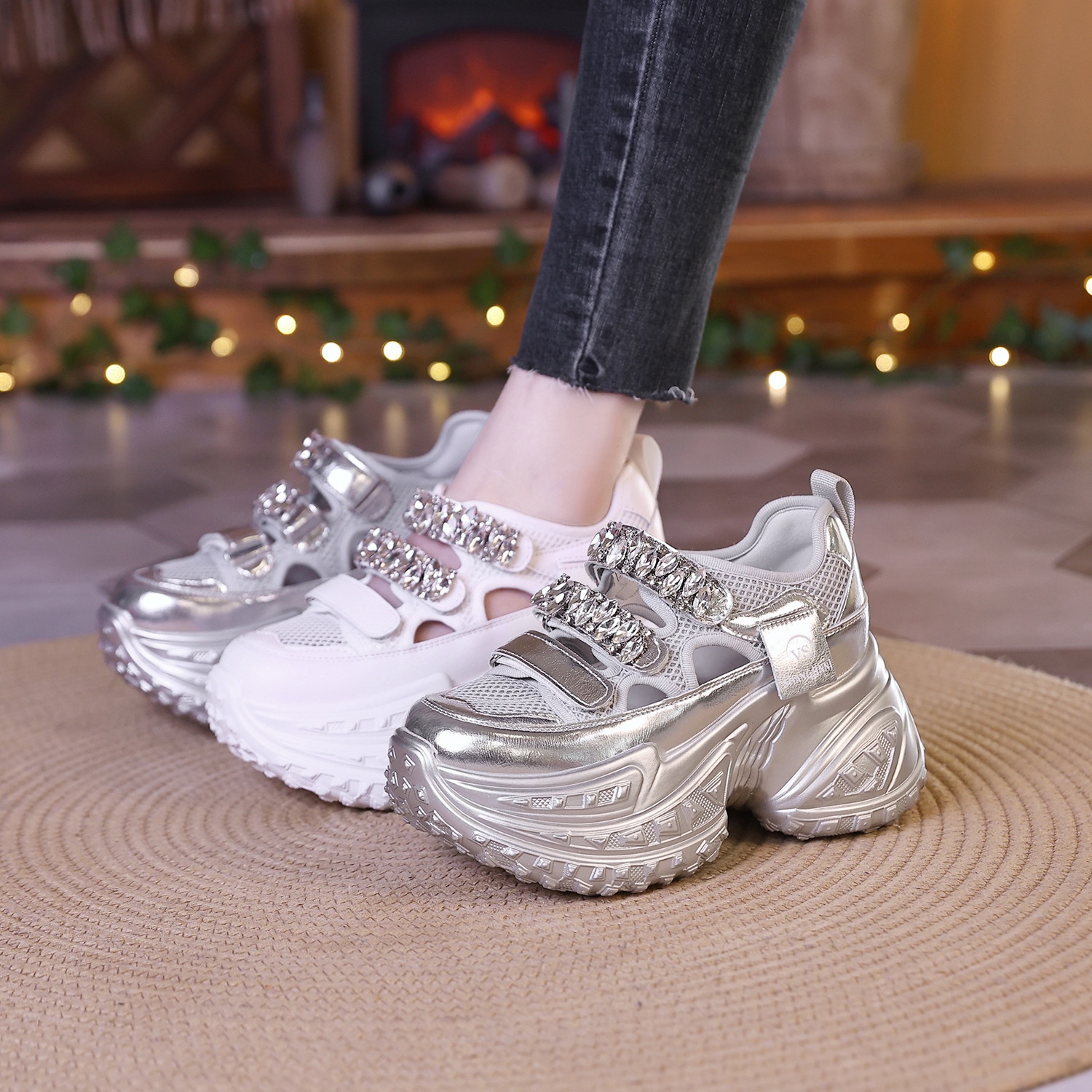 2024 Summer New Women's Dad Shoes With Tire Durian Sole, Rhinestone Mary Jane Thick Sole Height-Increasing Sneakers_voghion.com