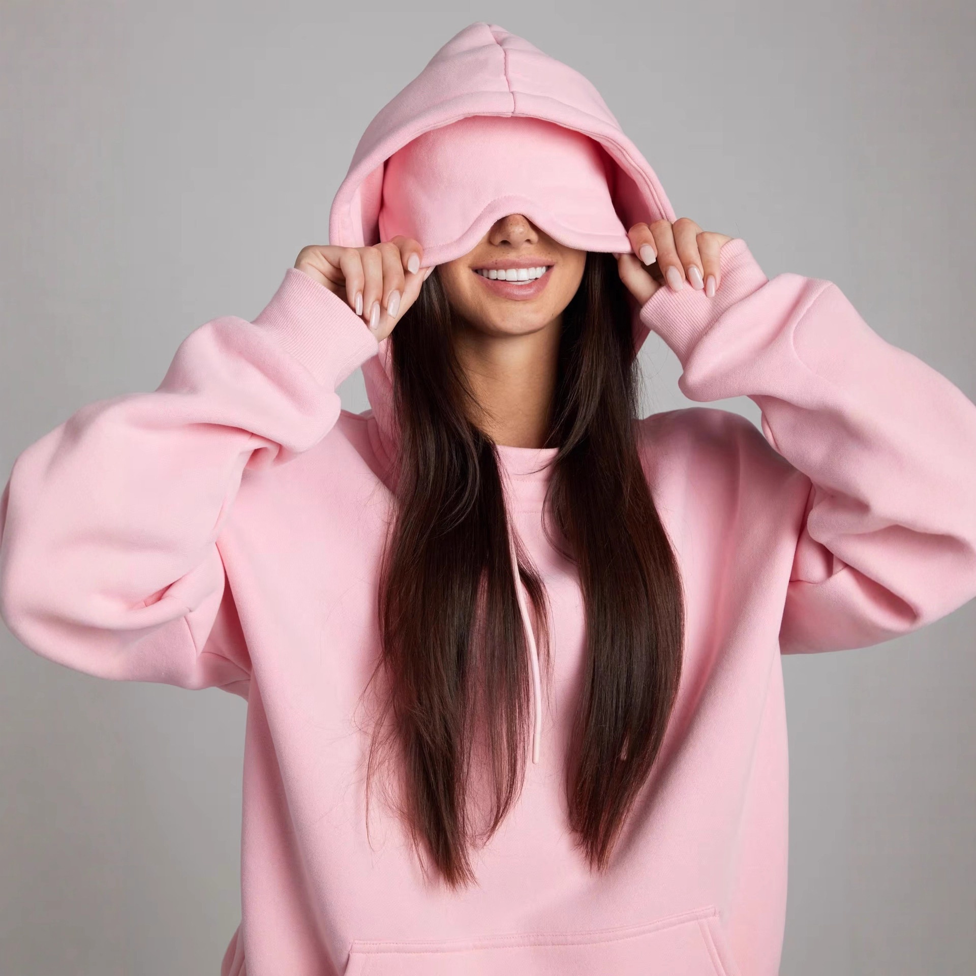 Independent Station Europäische und amerikanische Damenbekleidung Herbst Winter Unifarbener Kapuzenpullover mit Schlafmaske Lang_voghion.com