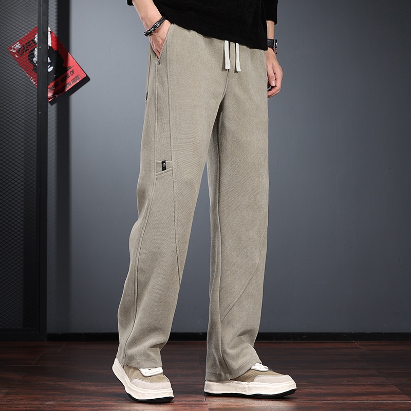 Lichtgekleurde corduroy casual broek voor heren, herfst- en winterstijl, elastische taille, trendy losse rechte pijpen_voghion.com