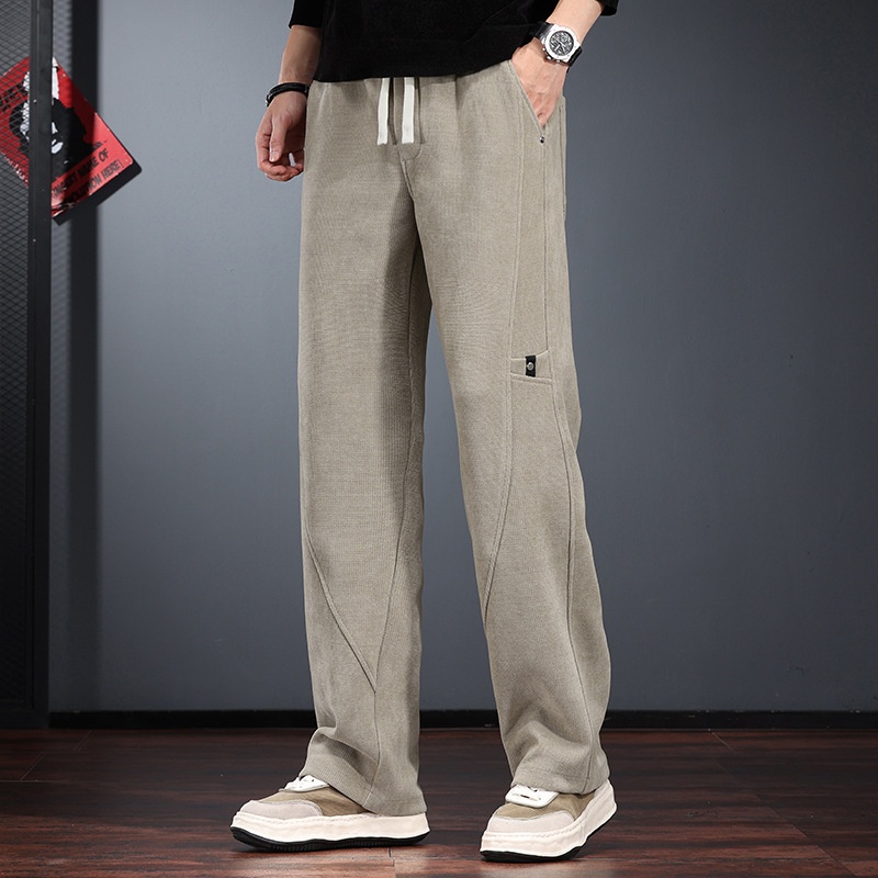 Lichtgekleurde corduroy casual broek voor heren, herfst- en winterstijl, elastische taille, trendy losse rechte pijpen_voghion.com