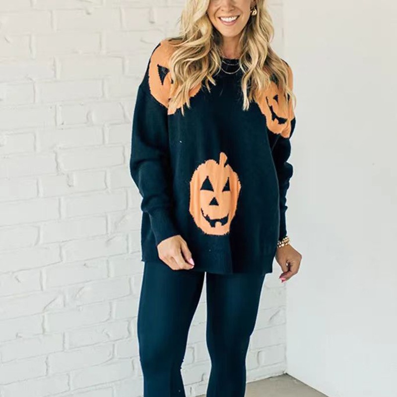 Cross-Border E-Commerce Damen Halloween Kürbis Pullover Langarm Herbst Winter Strickpullover im lässigen Stil_voghion.com
