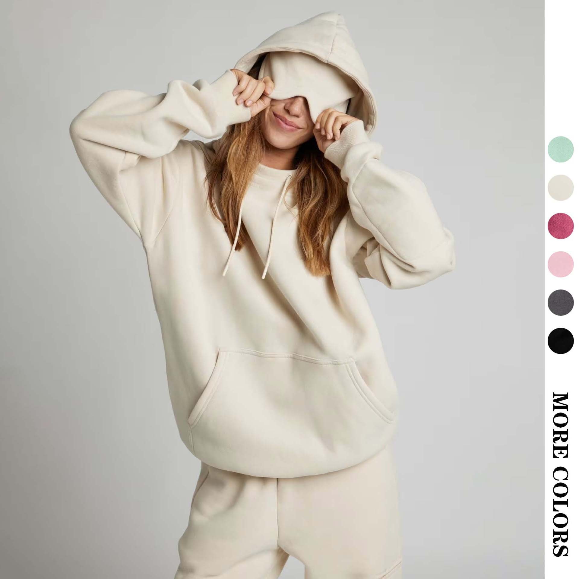 Independent Station Europäische und amerikanische Damenbekleidung Herbst Winter Unifarbener Kapuzenpullover mit Schlafmaske Lang_voghion.com