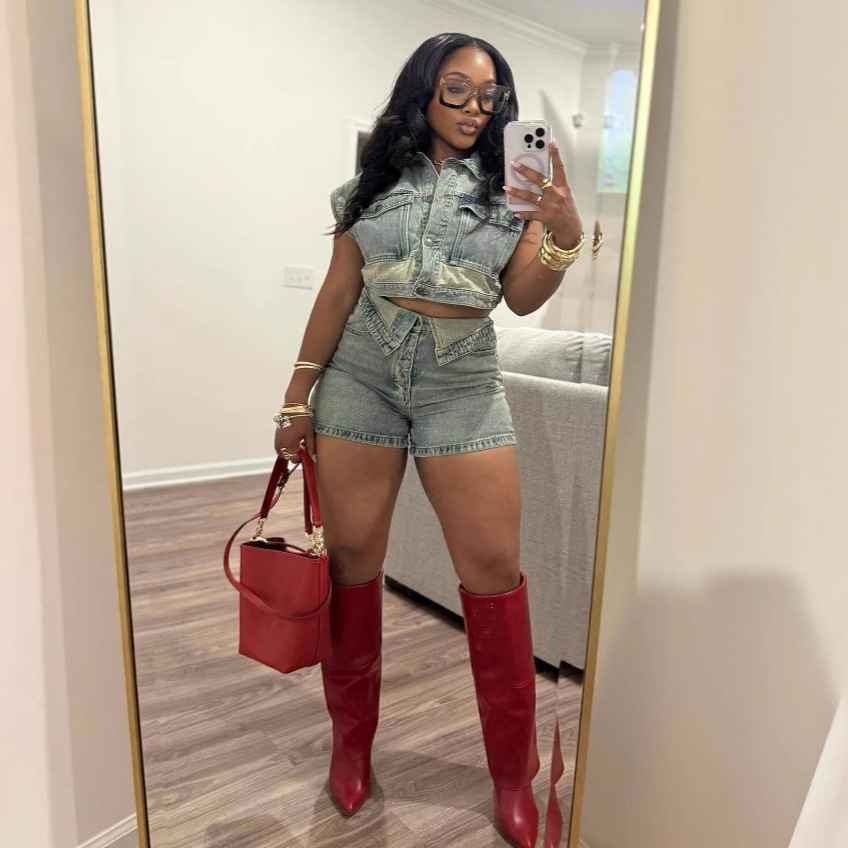 S8002 Cross-Border New 2025 European And American Fashion Casual Stretch Denim Color Block Slim Fit Bodycon Shorts Set_voghion.com