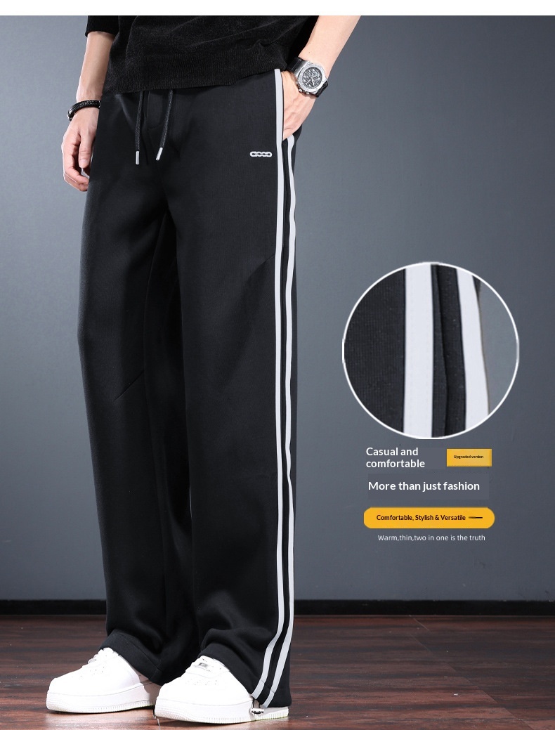Trendige, gerade geschnittene Freizeithose mit weitem Bein für Herren, Frühlings- und Herbststil, lockere Passform, entspanntes Tragegefühl, gestreift wie von der Stange_voghion.com