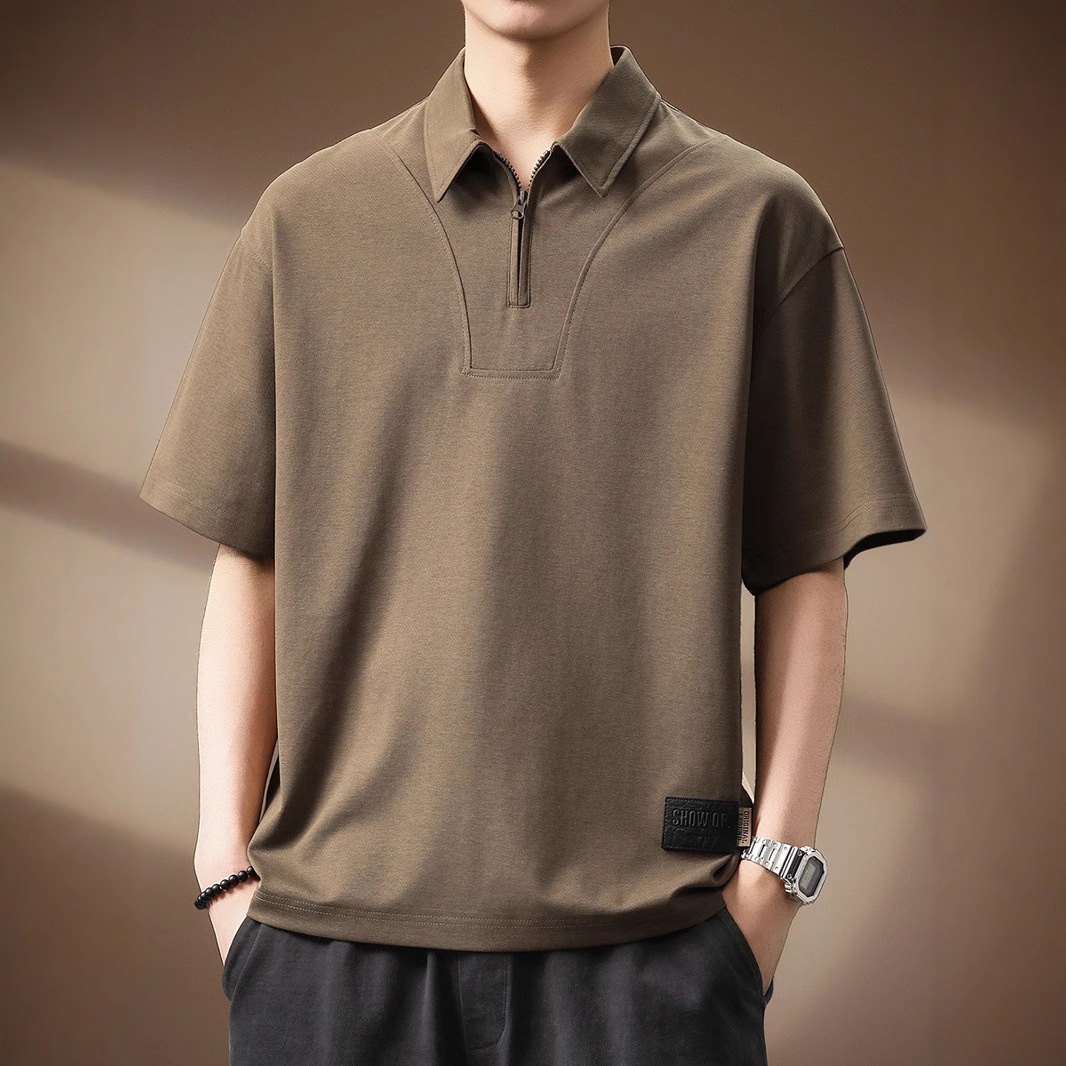 Polo homme haut de gamme en lyocell, manches courtes, demi-zip, collection été 2025, coupe ample, t-shirt texturé tendance._voghion.com