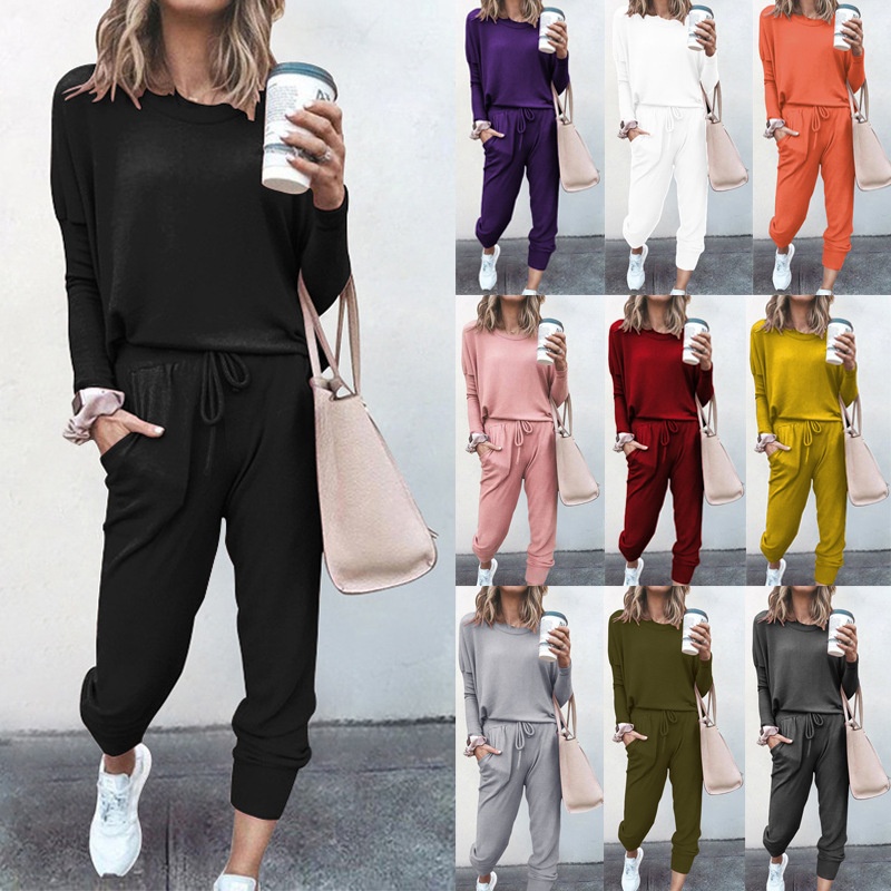 Women's Active Set Long Sleeve Solid Colour Casual Sportswear_voghion.com