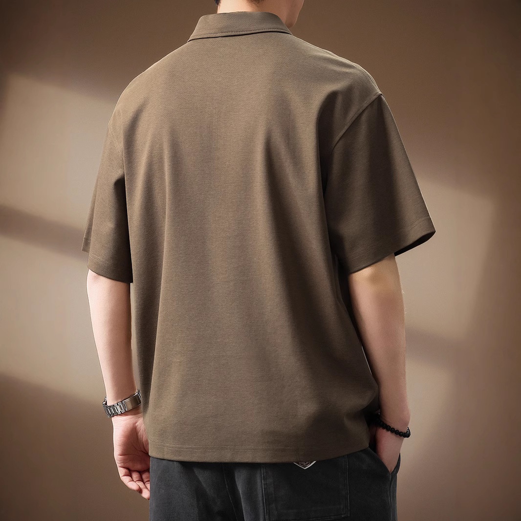 Polo homme haut de gamme en lyocell, manches courtes, demi-zip, collection été 2025, coupe ample, t-shirt texturé tendance._voghion.com
