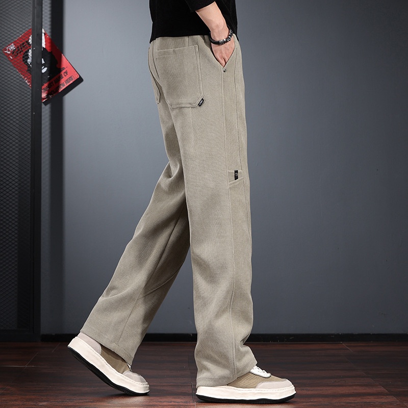 Lichtgekleurde corduroy casual broek voor heren, herfst- en winterstijl, elastische taille, trendy losse rechte pijpen_voghion.com