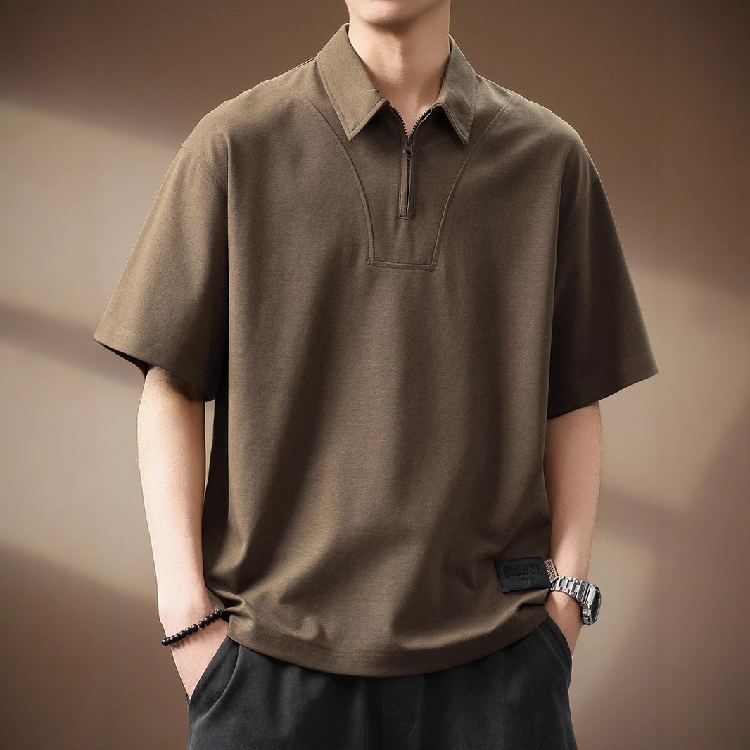 Polo homme haut de gamme en lyocell, manches courtes, demi-zip, collection été 2025, coupe ample, t-shirt texturé tendance._voghion.com